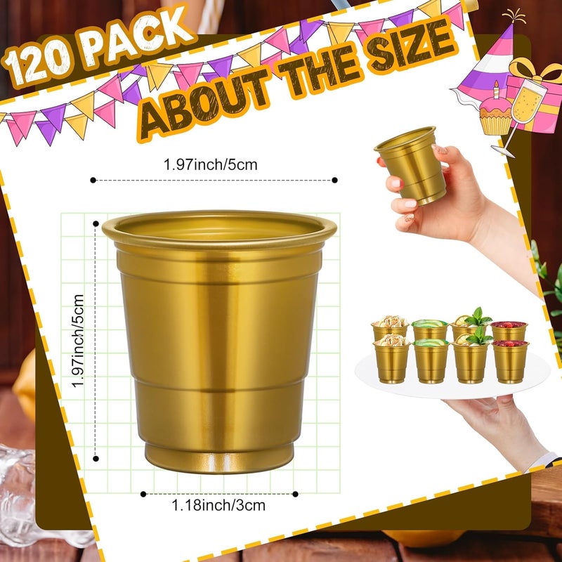 cssopenss 120 Pcs 2 oz Gold Shot Cups gold Plastic shot Glasses Mardi Gras Shot Glasses Disposable for Drinking Tastings Served Snacks Jello Tastings and Samples - Image 2